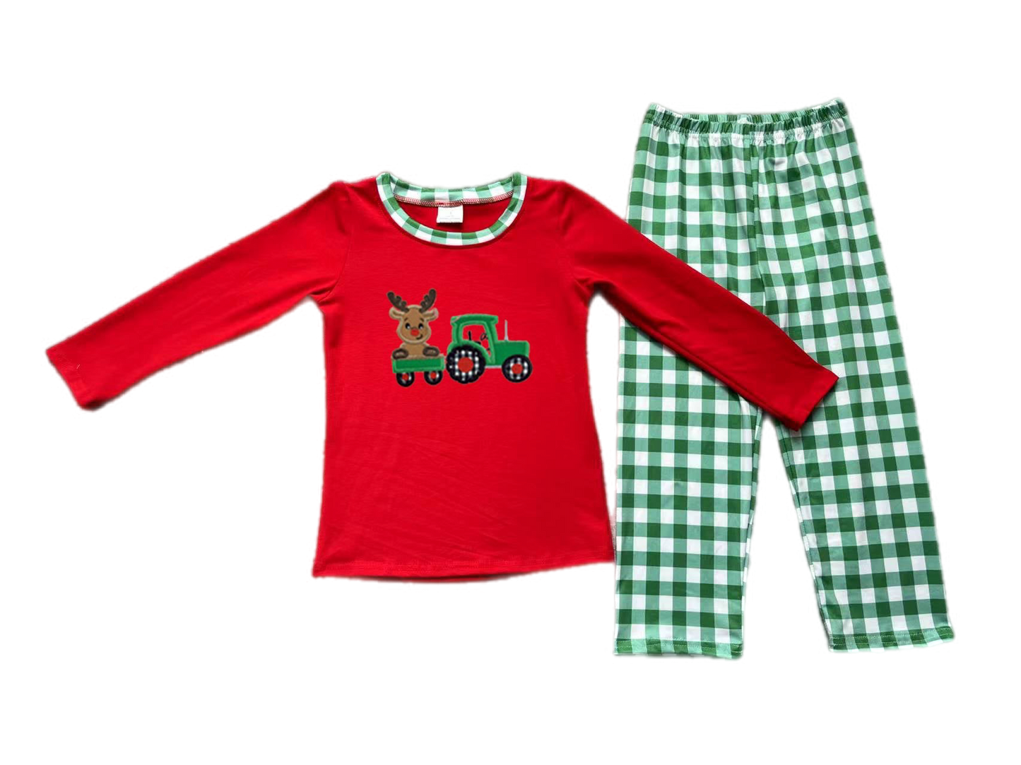 Christmas Embroidered Reindeer on a Tractor Plaid Pants Set: Pre-Order