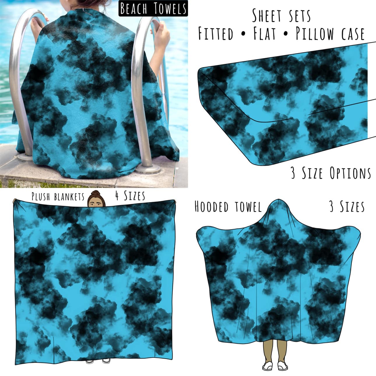 Blue and Black Tie Dye Personalized Items ~ Sheets, Pillowcases, Blankets, Towels ~