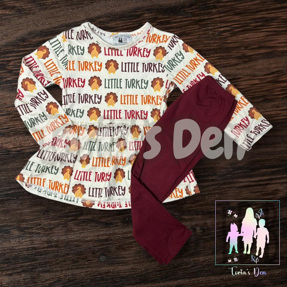2T 3T Little Turkey Peplum & Burgundy Leggings Exclusive Set *Ready to ship!*