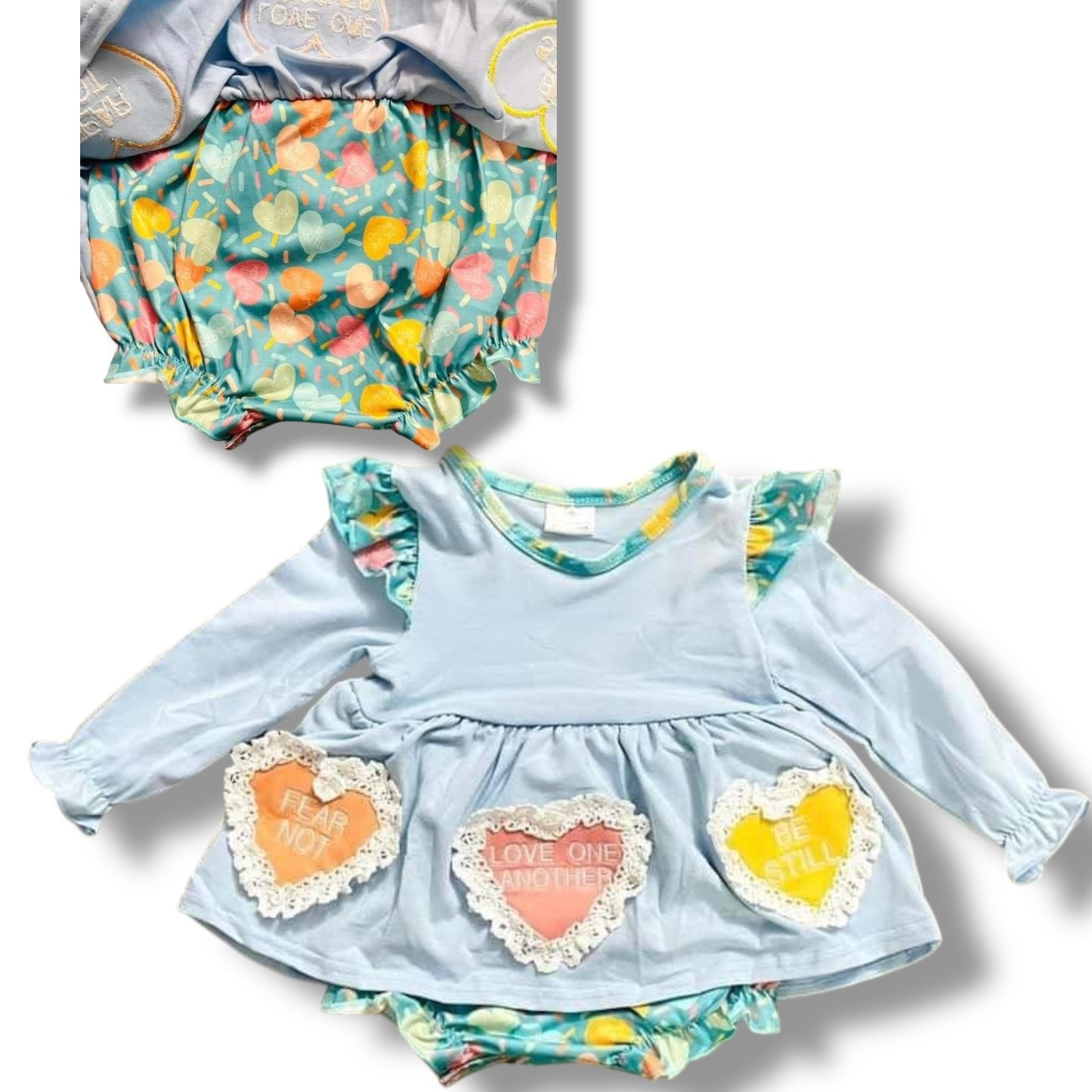 12mo Embroidered Love and Affirmations Skirted Romper *CLOSEOUT SALE*