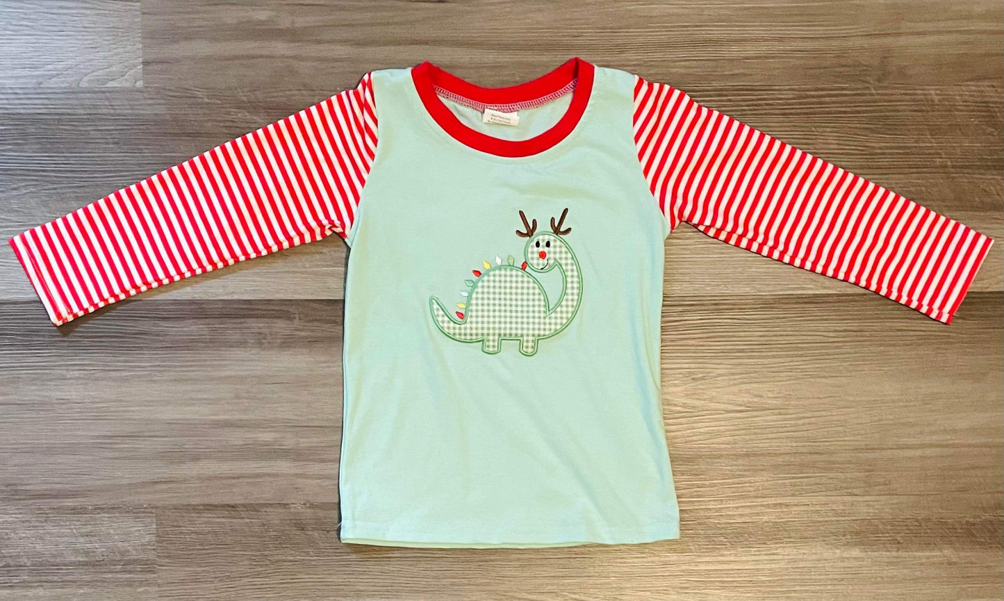 3T Christmas Lights Dino Embroidered Tee
