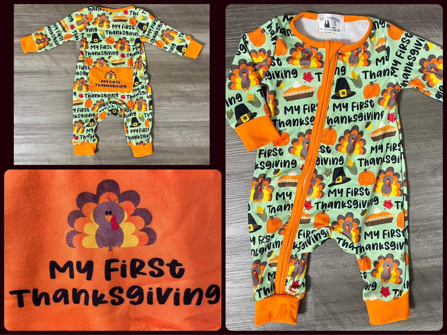 0 - 3 3 - 6 6 - 12 12 - 18 *multiples* ʀᴇᴀᴅʏ ᴛᴏ ꜱʜɪᴘ! My First Thanksgiving Zippie - A TDB Exclusive - Toria's Den Boutique | Drama Llama Tees