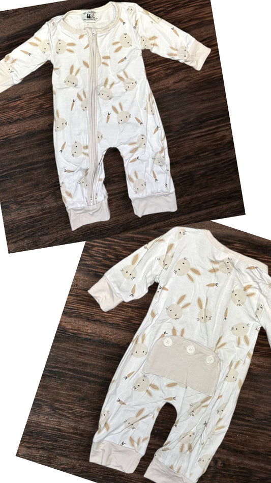 Neutral Bunnies Bamboo Exclusive Zippie- 2 way zip- fits a size big! Ready to ship!