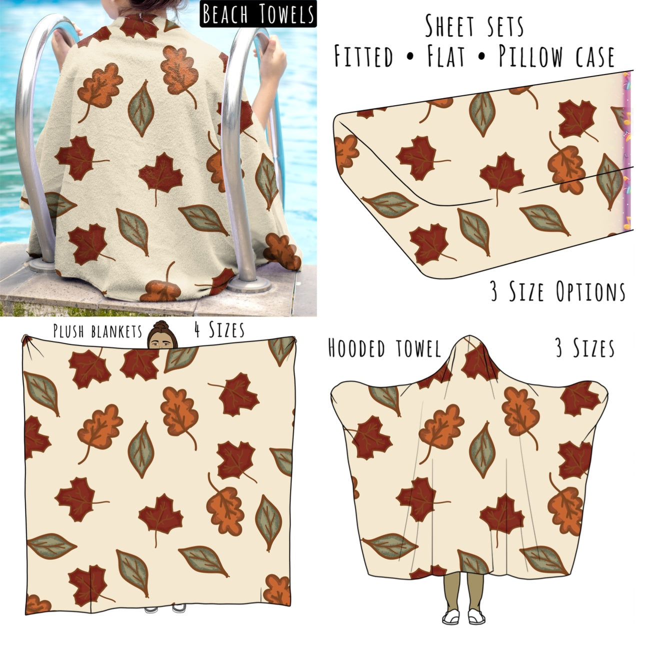 Fall Leaves on Tan Personalized Items ~ Sheets, Pillowcases, Blankets, Towels ~