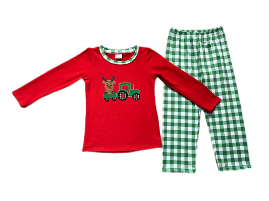 Christmas Embroidered Reindeer on a Tractor Plaid Pants Set: Pre-Order