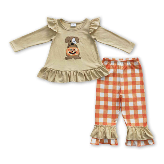 ᴡᴇᴇᴋʟʏ ᴘʀᴇ ᴏʀᴅᴇʀ Embroidered Pumpkin Pup Ruffle Pants Set