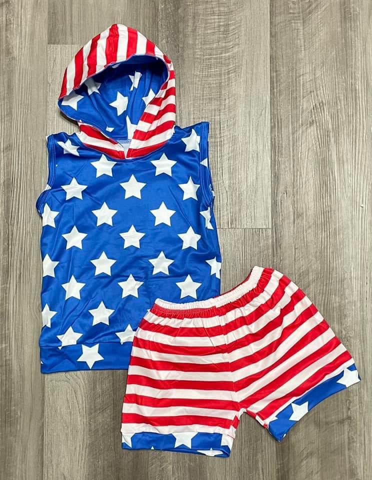 ʀᴇᴀᴅʏ ᴛᴏ ꜱʜɪᴘ! 4th of July Hooded Tank and Shorts Set