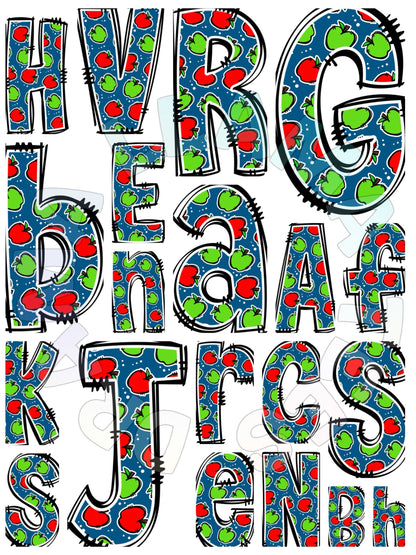 Back to School Mixed Letter Name Tees BLUE Apples/Pencil/Paper *multiple color options*