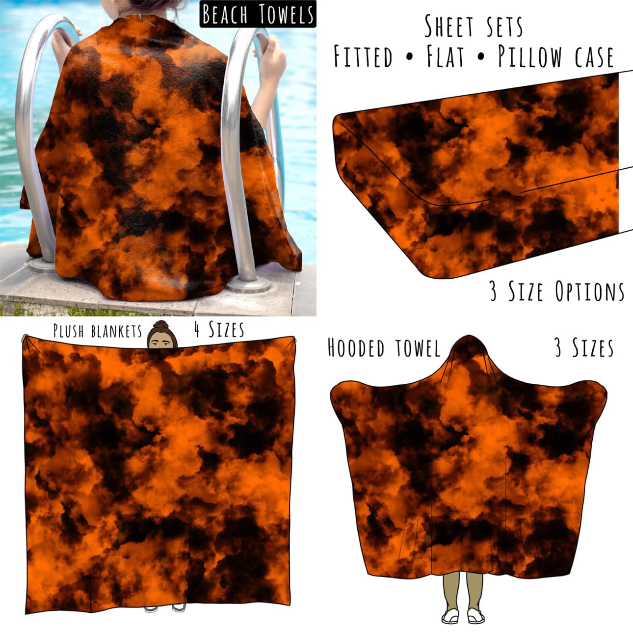 Orange and Black Tie Dye Personalized Items ~ Sheets, Pillowcases, Blankets, Towels ~