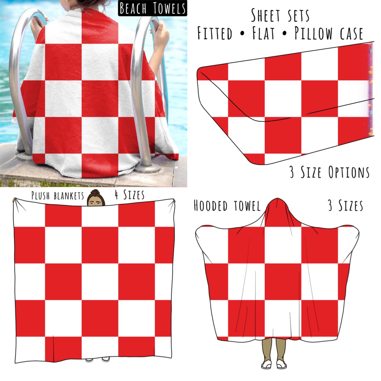 Red and White Checks Personalized Items ~ Sheets, Pillowcases, Blankets, Towels ~