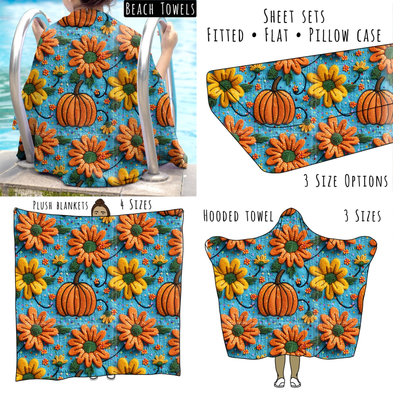 Sunflower and Pumpkins Faux Embroidery Personalized Items ~ Sheets, Pillowcases, Blankets, Towels ~