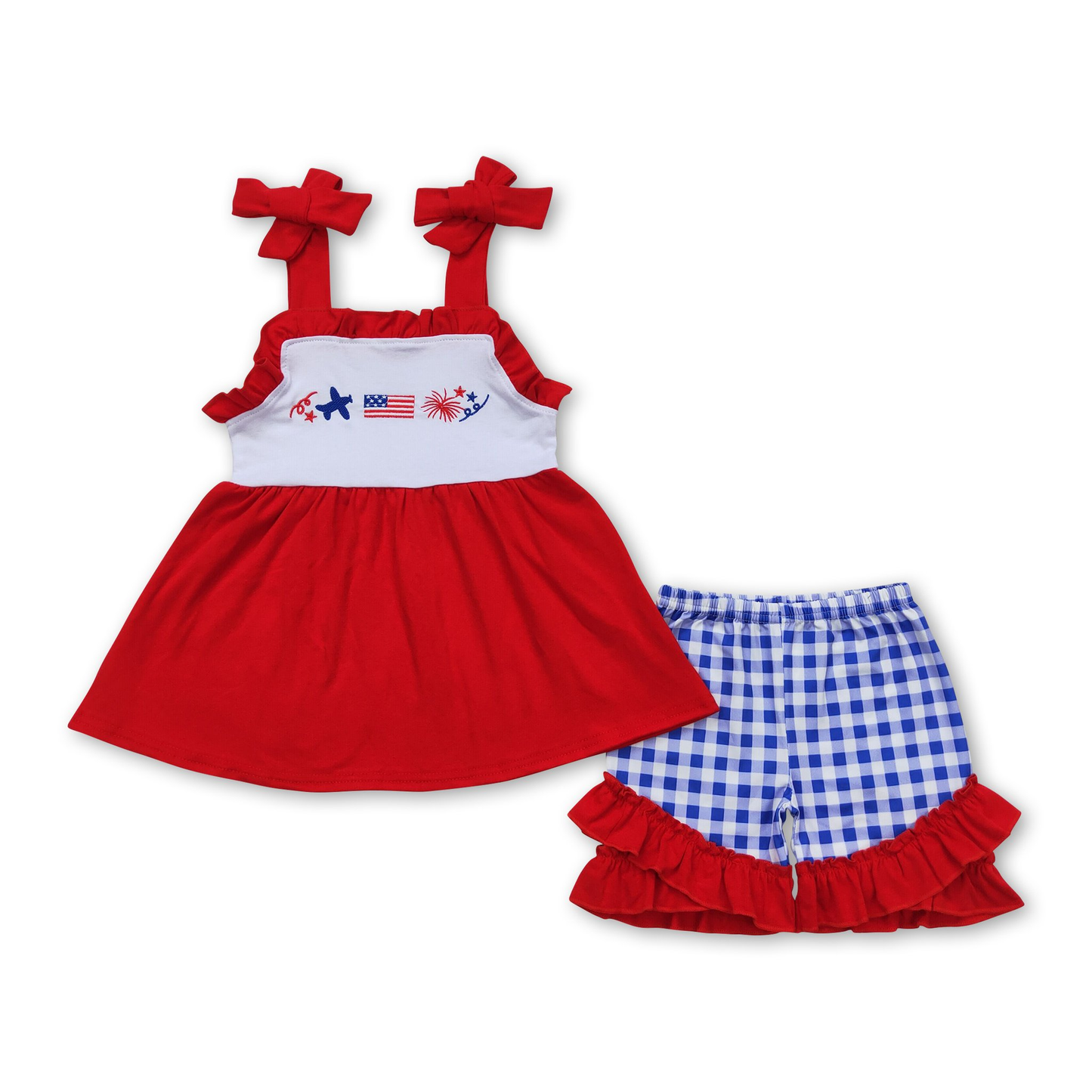 ᴡᴇᴇᴋʟʏ ᴘʀᴇ ᴏʀᴅᴇʀ 4th of July Blue Gingham Ruffle Shorts Set