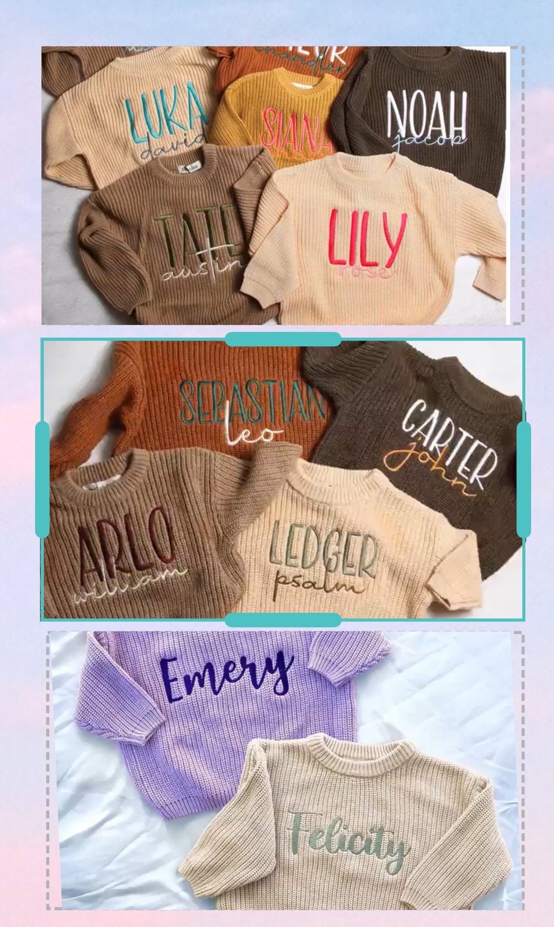 Oversized Double Name Embroidered Thick Knit Sweaters