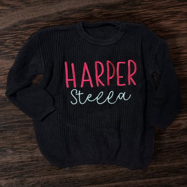 Oversized Double Name Embroidered Thick Knit Sweaters
