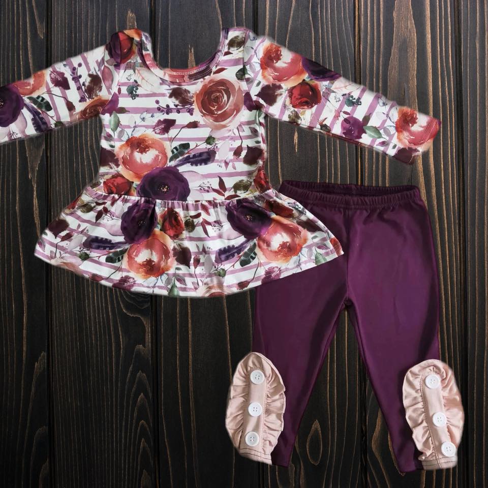 4T 7-8 10-12 Plum Floral Peplum & Leggings Set: Ready to Ship *SALE*