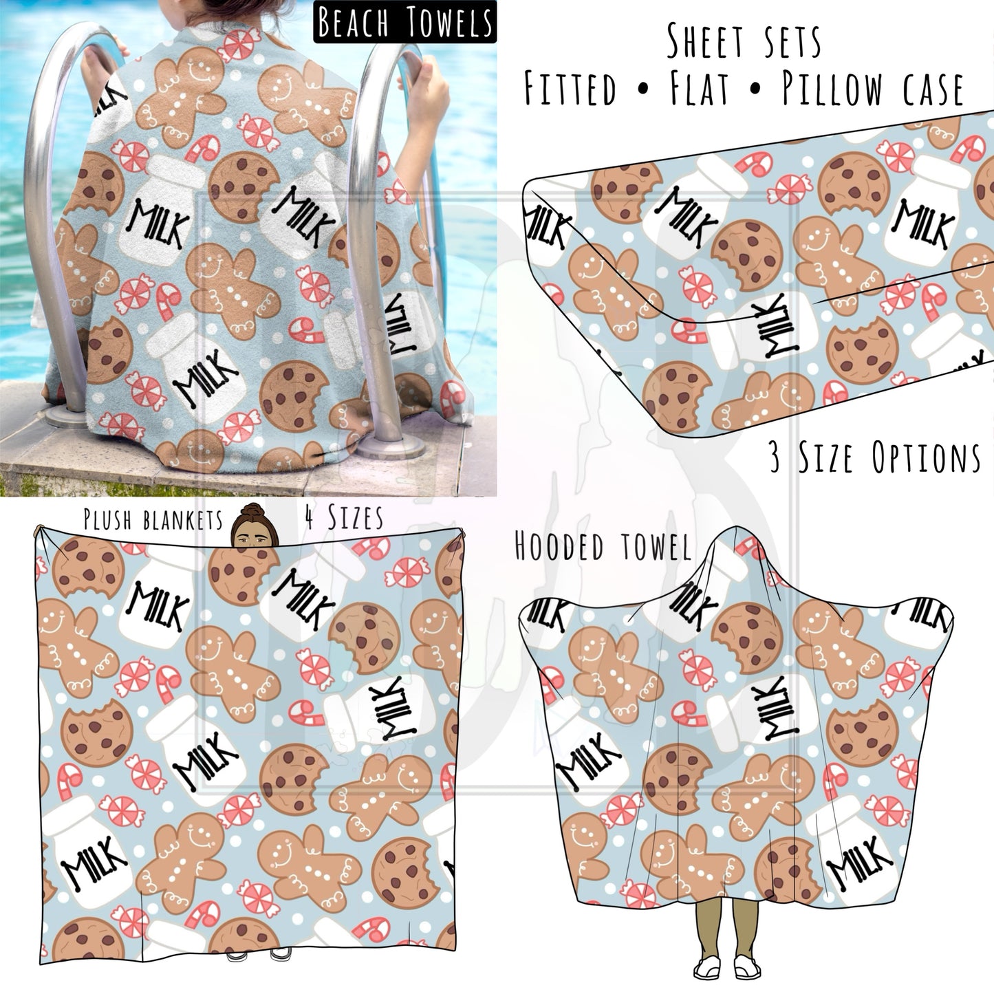 Blue Cookies and Milk 2021 Personalized Items ~ Sheets, Pillowcases, Blankets, Towels ~