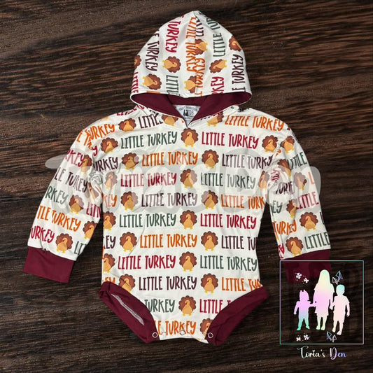 3-6m, 6-12, 2T, 3T (2), 4T Little Turkey Hooded Romper with Snaps Exclusive  *Ready to ship!*