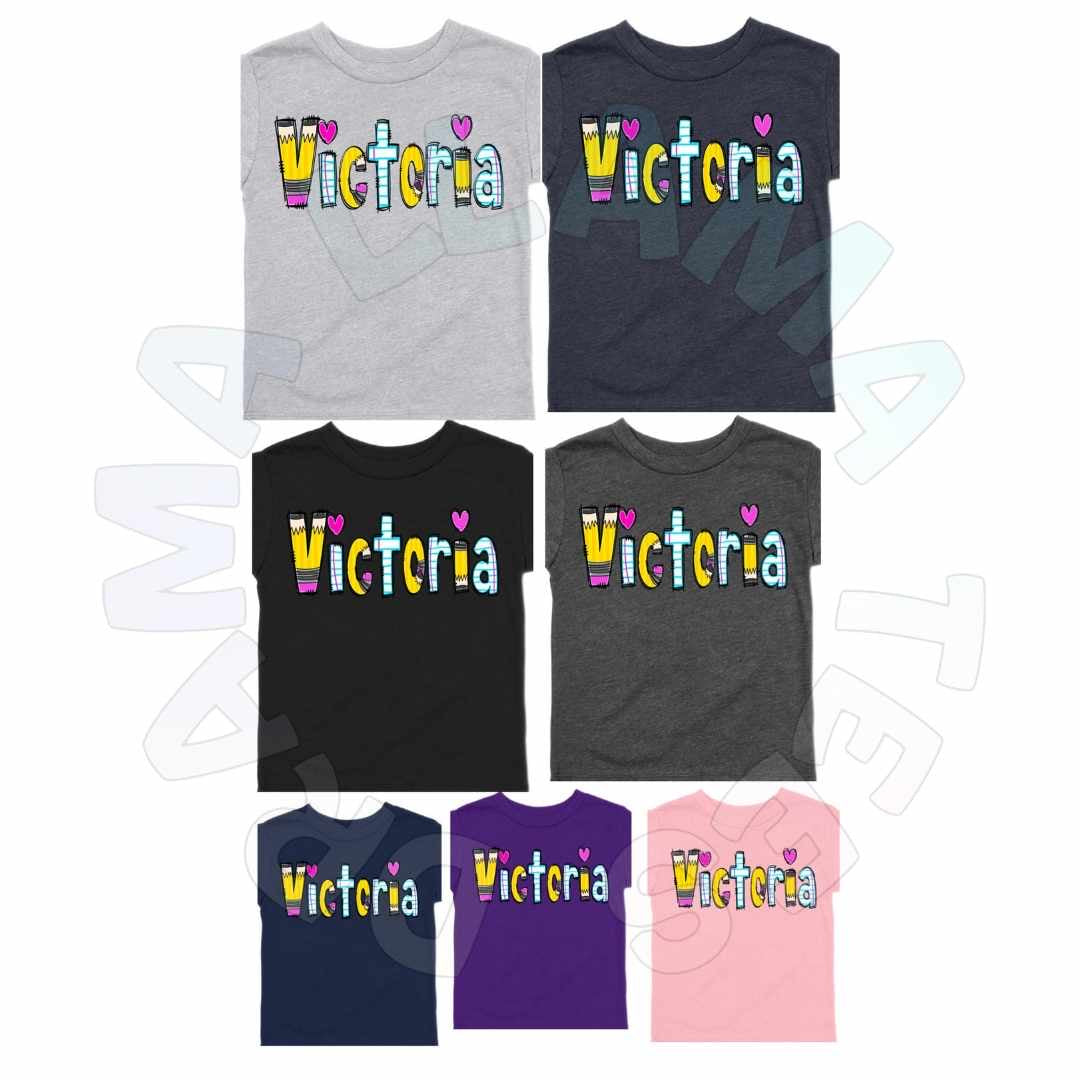 Back to School Mixed Letter Name Tees PINK Apples/Pencil/Paper *multiple color options*