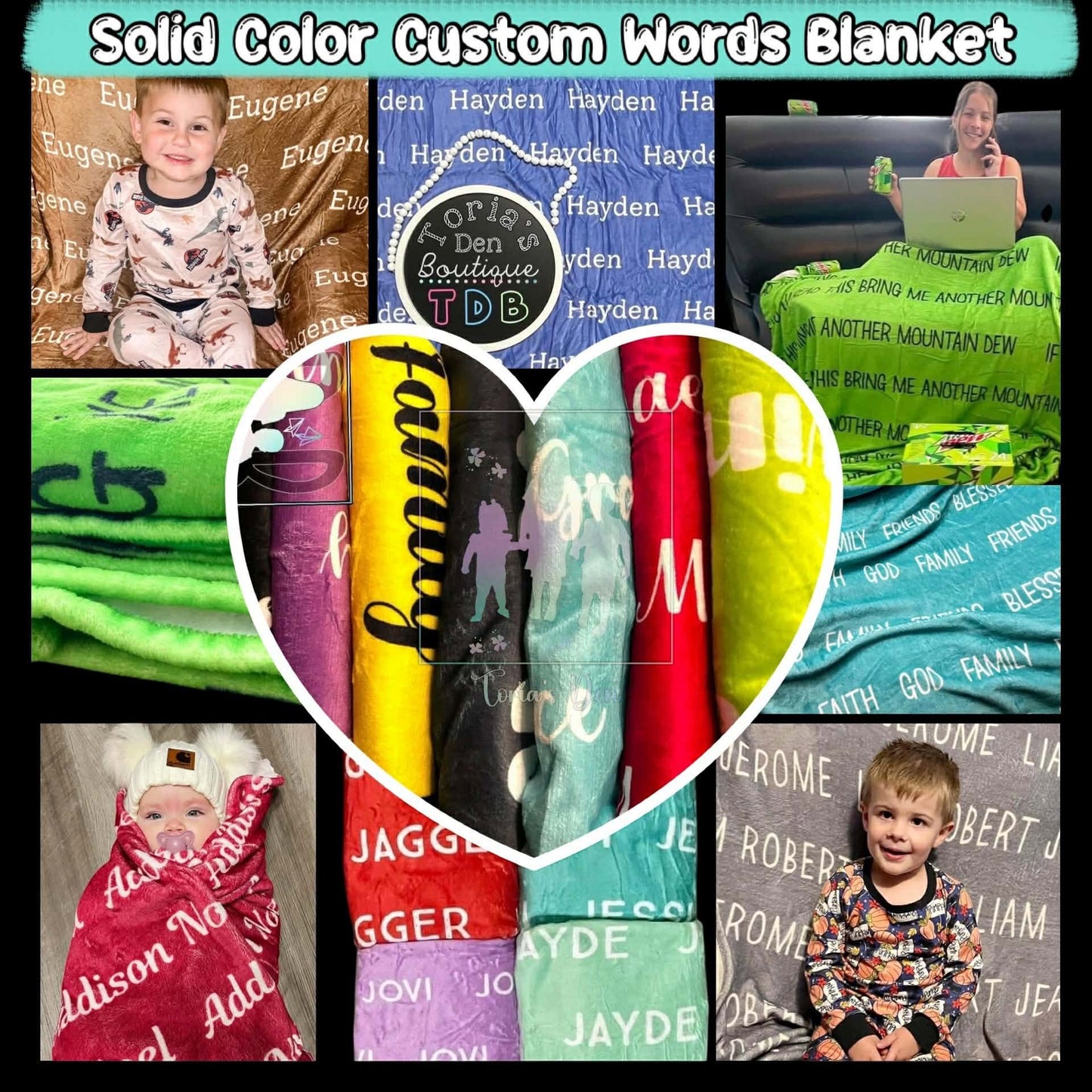 Personalized Items ~ Solid Color Repeating Name/Words Blankets ~