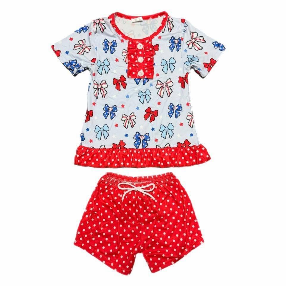 5-6 10-12 Baseball RWB Bows & Dots: Ready to Ship