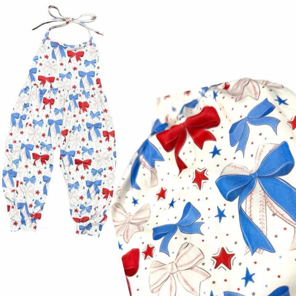 2T RWB Baseball Bows Halter Jumper: Ready to Ship