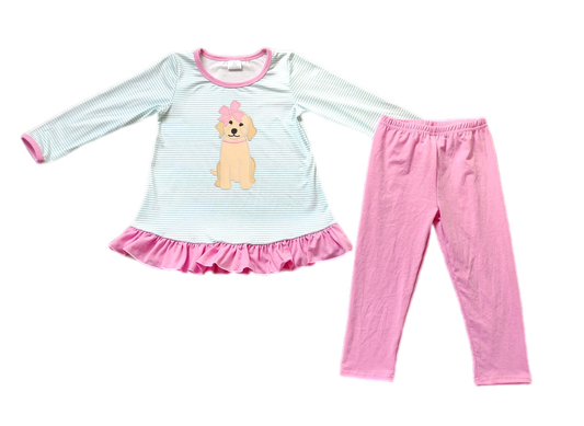 Embroidered Puppy Ruffle Tunic and Leggings Set: Pre-Order