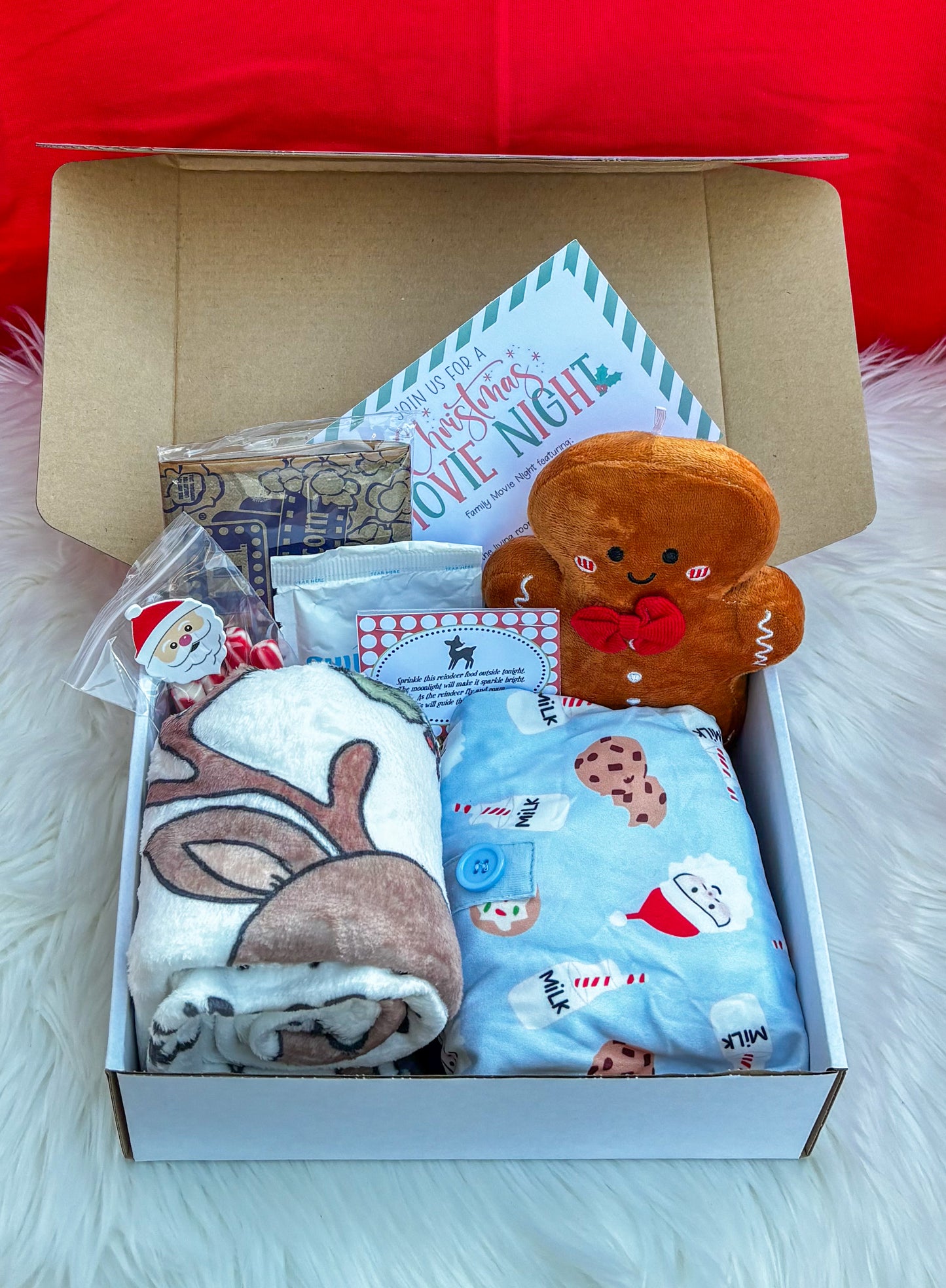 Deluxe Christmas Eve Box (30x40" Blanket/Personalized Gingerbread Plush/Pajamas/Reindeer Food/Cocoa/Popcorn/Sticker Sheet/Soft Peppermint Sticks)