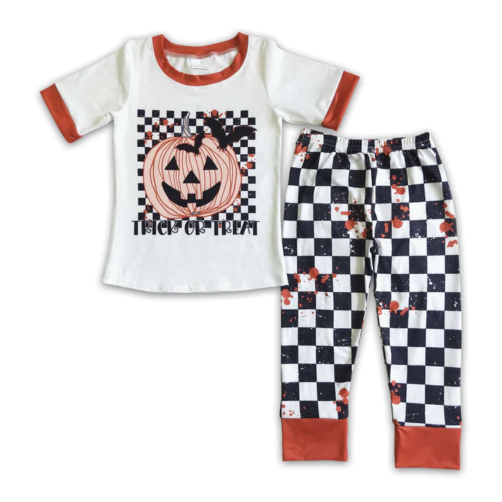 ᴡᴇᴇᴋʟʏ ᴘʀᴇ ᴏʀᴅᴇʀ Halloween Trick or Treat Rust Splatter Checkered Pant Set