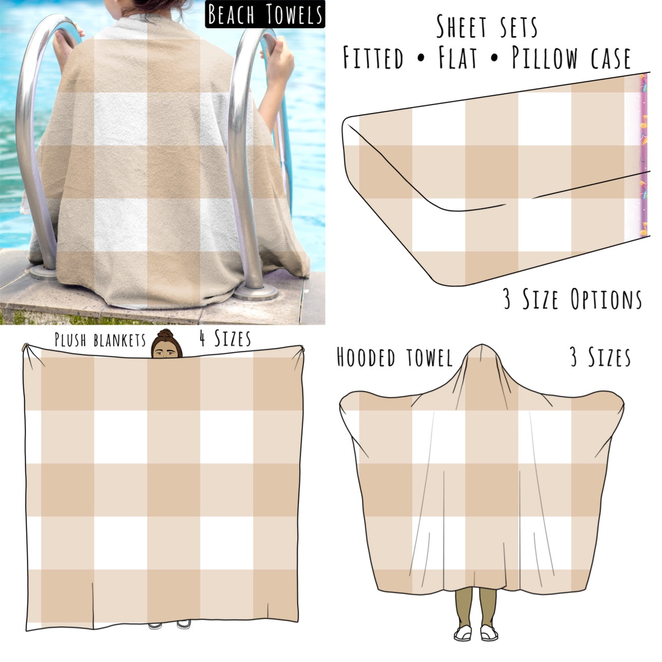 Neutral Gingham Personalized Items ~ Sheets, Pillowcases, Blankets, Towels ~