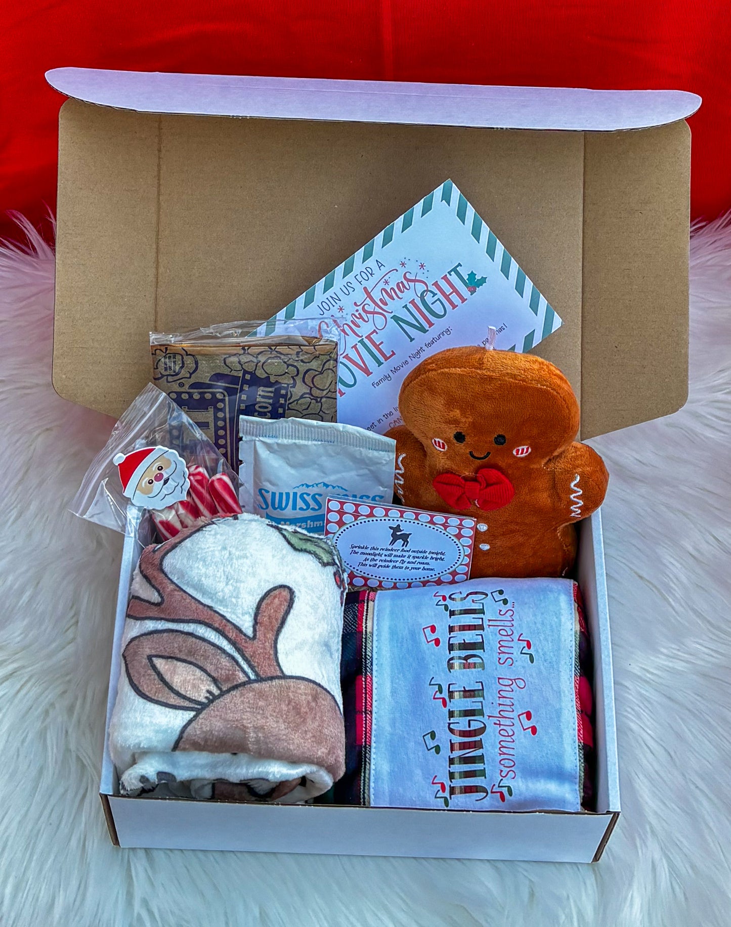 Deluxe Christmas Eve Box (30x40" Blanket/Personalized Gingerbread Plush/Pajamas/Reindeer Food/Cocoa/Popcorn/Sticker Sheet/Soft Peppermint Sticks)