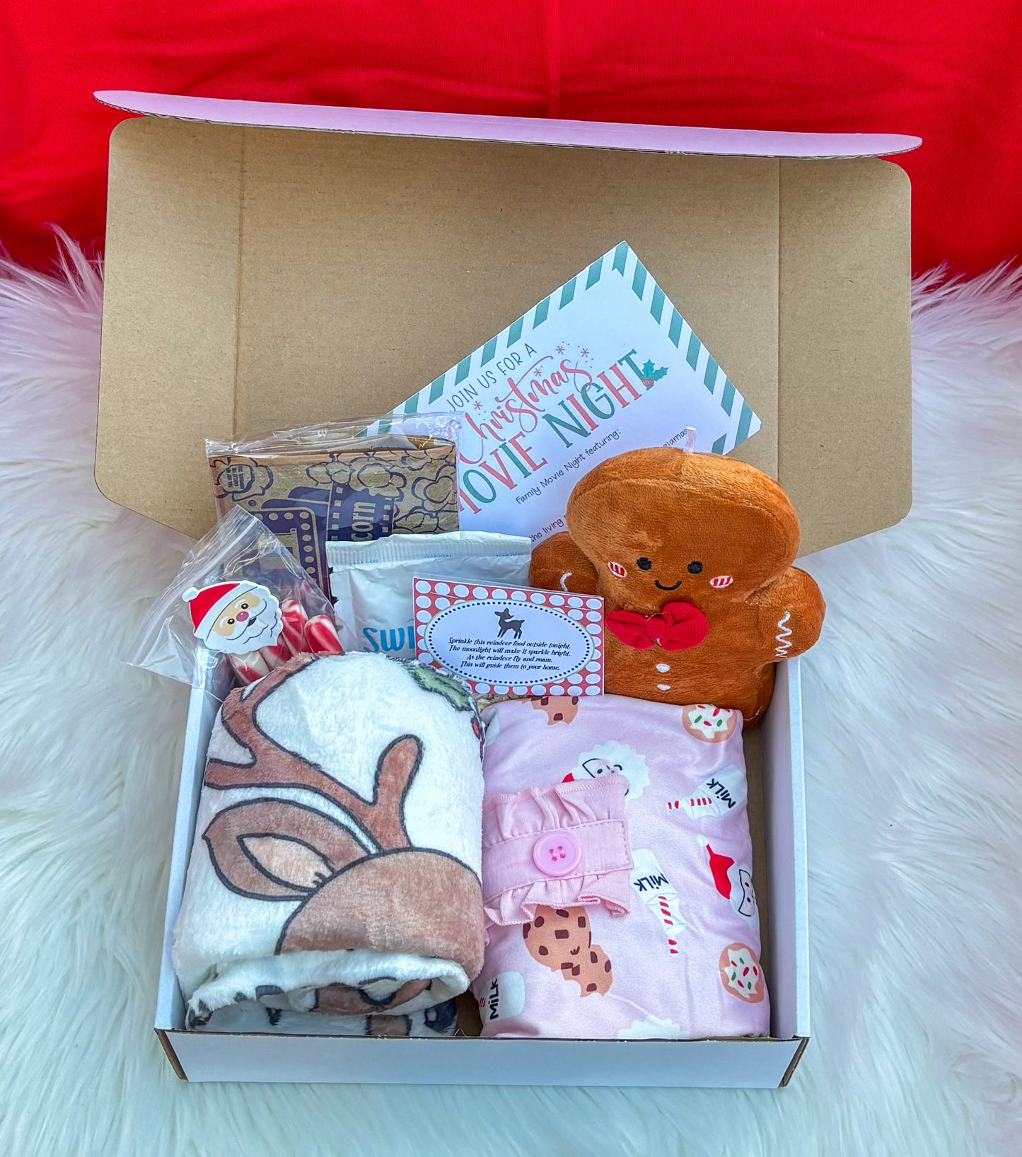 Deluxe Christmas Eve Box (30x40" Blanket/Personalized Gingerbread Plush/Pajamas/Reindeer Food/Cocoa/Popcorn/Sticker Sheet/Soft Peppermint Sticks)