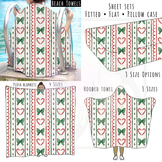 Candy Canes and Bows Personalized Items ~ Sheets, Pillowcases, Blankets, Towels ~