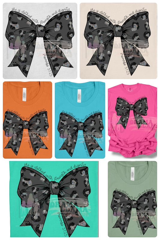 She is Clothed With Strength Leopard Bow Tee *Pre-Order: 2-4 week TAT* DLTPO