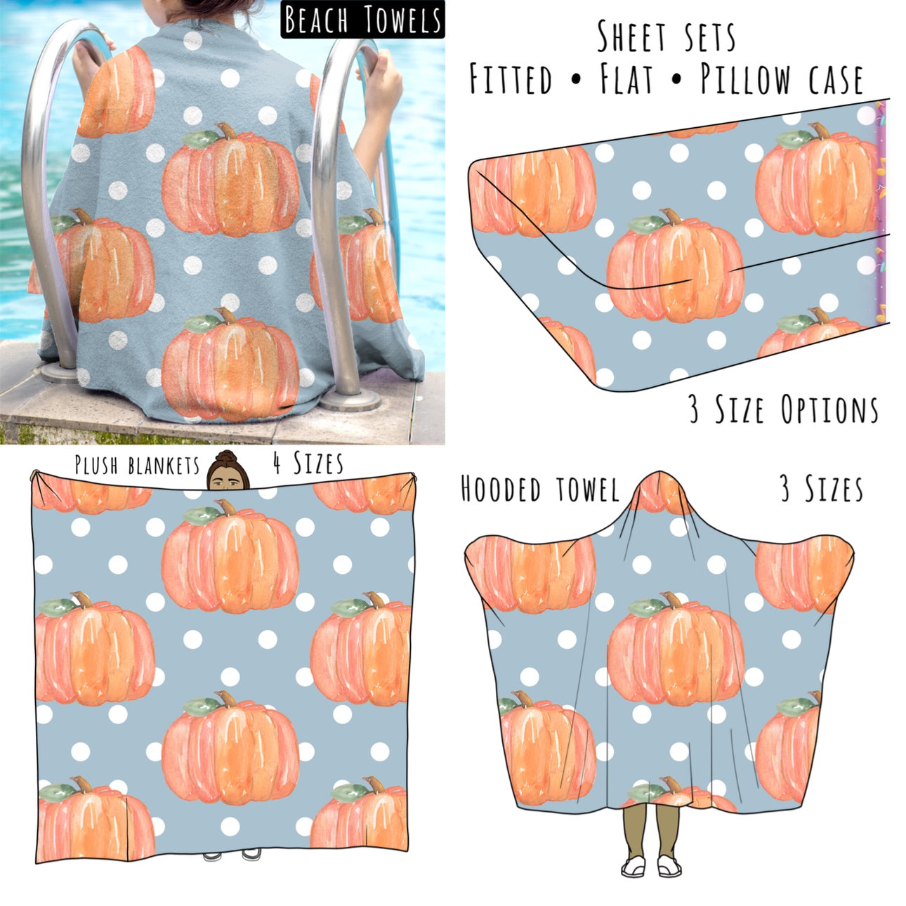 Pumpkin Blue Polka Dots Personalized Items ~ Sheets, Pillowcases, Blankets, Towels ~