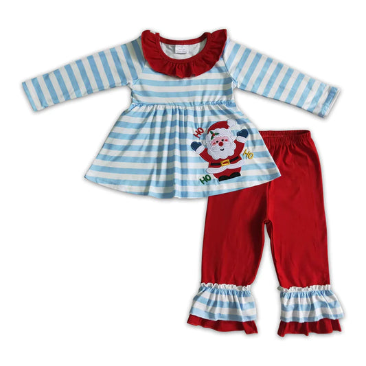 ᴡᴇᴇᴋʟʏ ᴘʀᴇ ᴏʀᴅᴇʀ Christmas Embroidered Santa Blue Stripes Ruffle Set