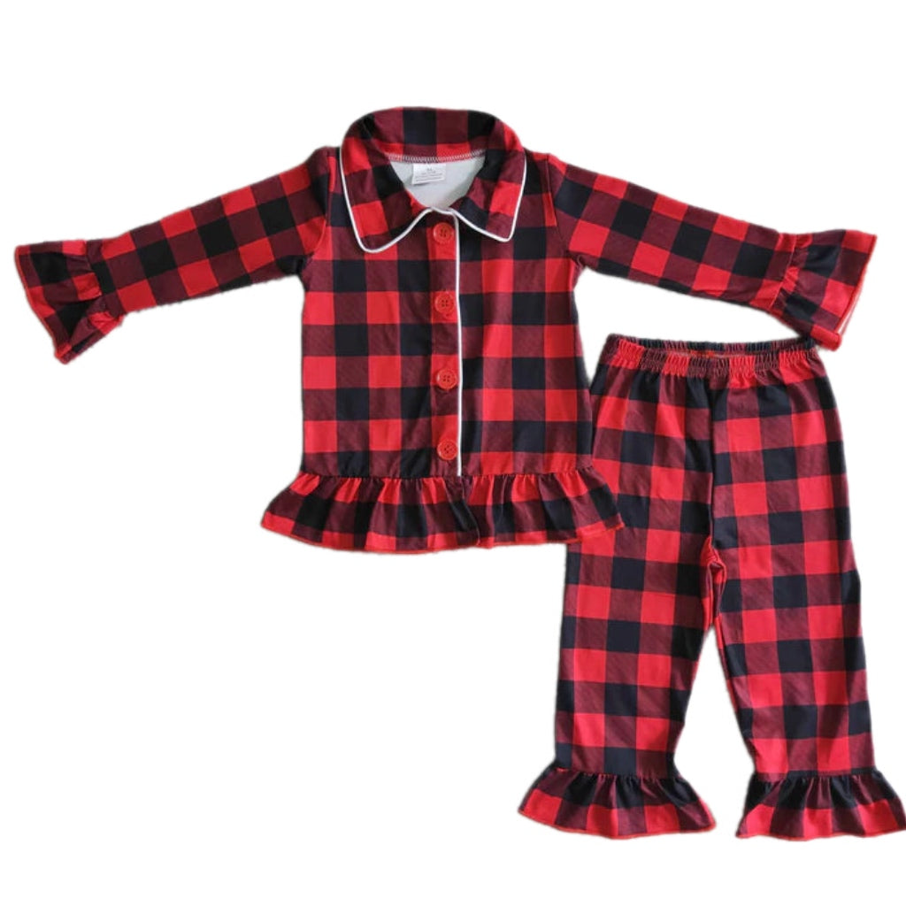 Christmas Buffalo Plaid Ruffle Button Up Lounge: Pre-Order