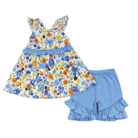 ᴡᴇᴇᴋʟʏ ᴘʀᴇ ᴏʀᴅᴇʀ Blue Floral Tank with Ruffle Shorts Set