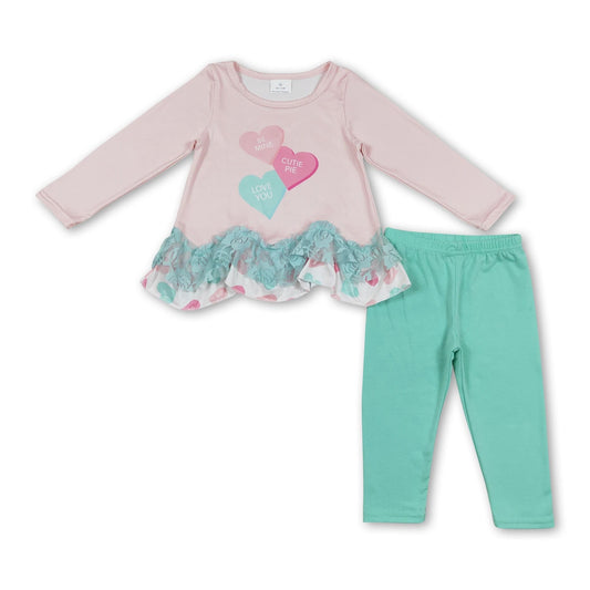 ᴡᴇᴇᴋʟʏ ᴘʀᴇ ᴏʀᴅᴇʀ Valentine's Day Hearts Lace Ruffle Top and Leggings