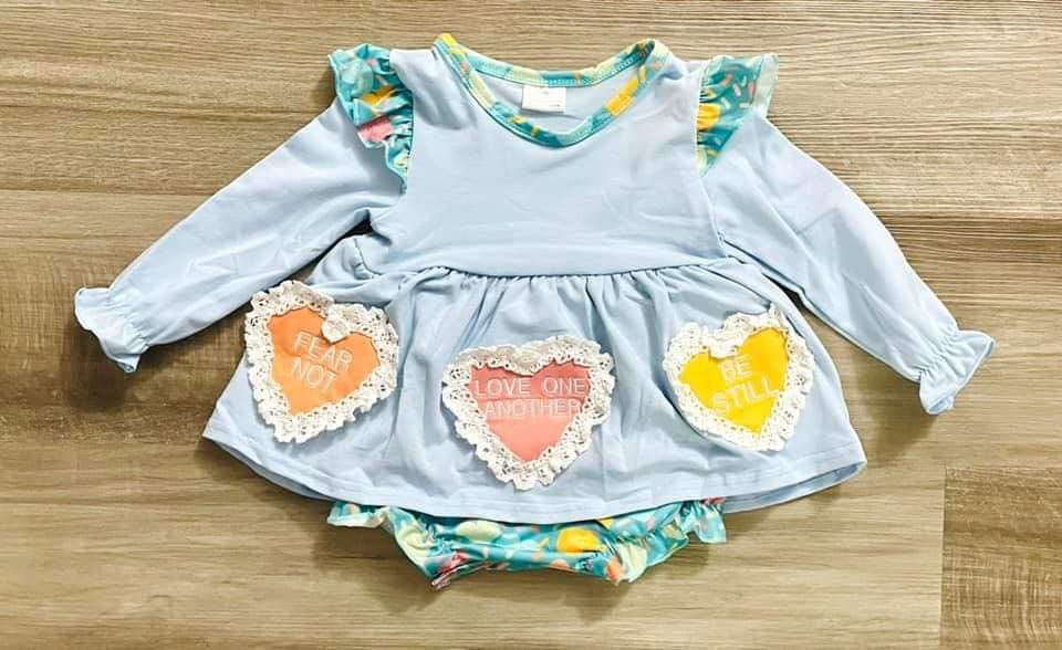 12mo  ʀᴇᴀᴅʏ ᴛᴏ ꜱʜɪᴘ! Embroidered Love and Affirmations Skirted Romper