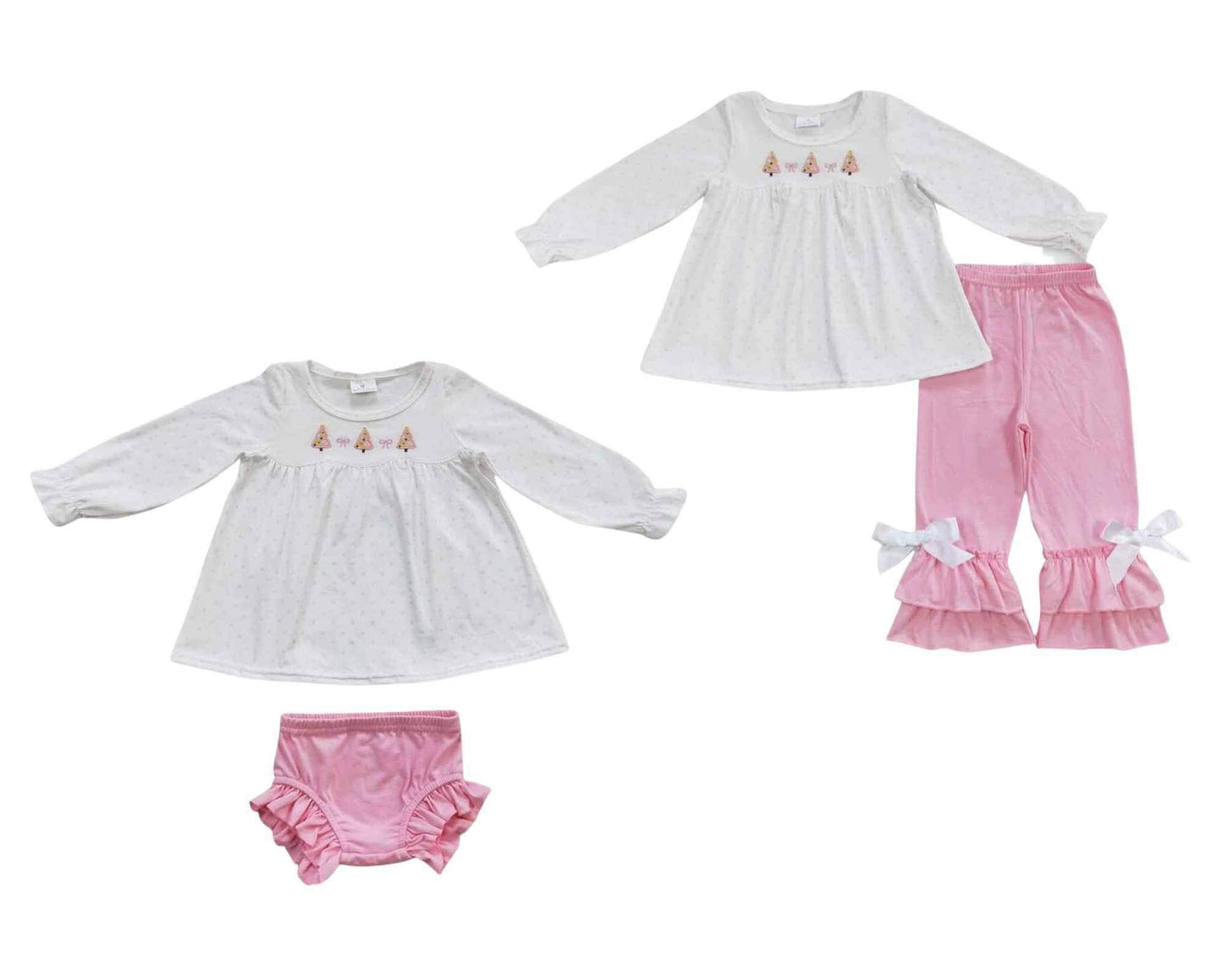 ᴡᴇᴇᴋʟʏ ᴘʀᴇ ᴏʀᴅᴇʀ Christmas Embroidered Trees Ruffle Pants & Ruffle Bummie Set