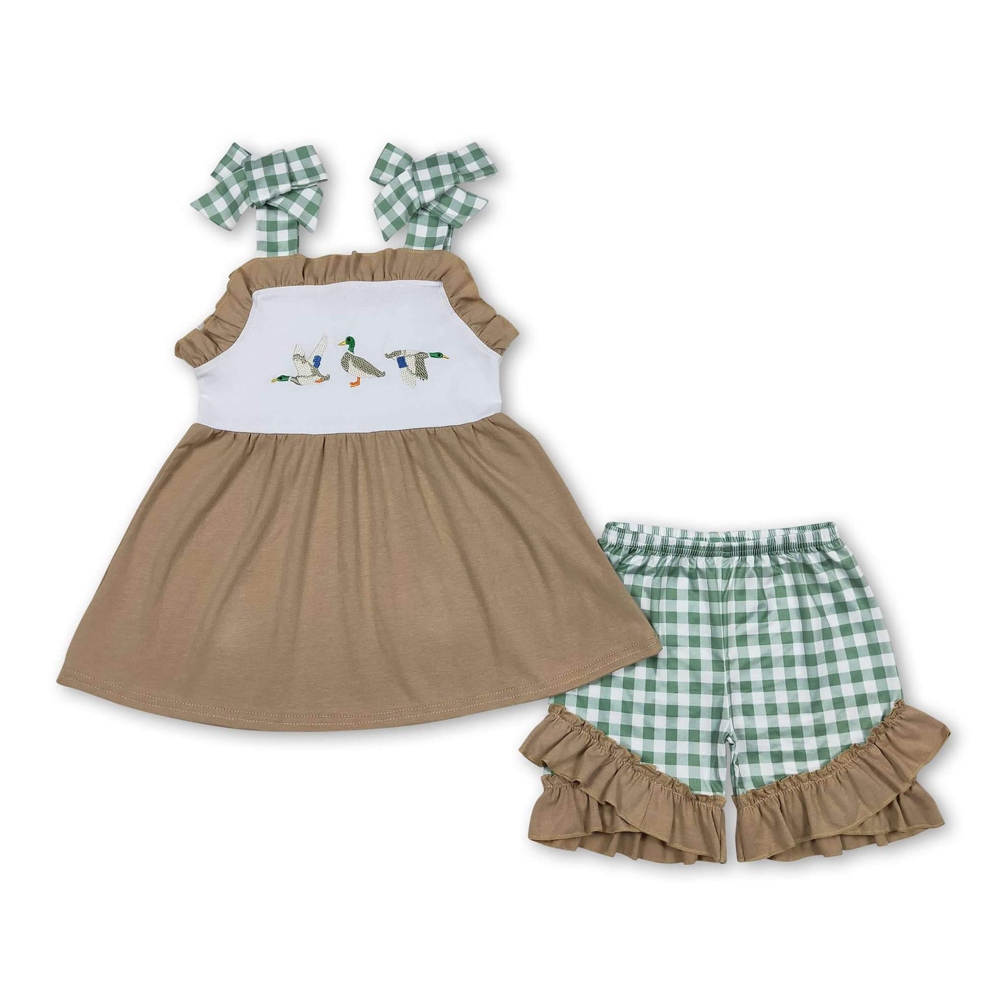 ᴡᴇᴇᴋʟʏ ᴘʀᴇ ᴏʀᴅᴇʀ Embroidered Checkered Duck Trio Ruffle Shorts Set