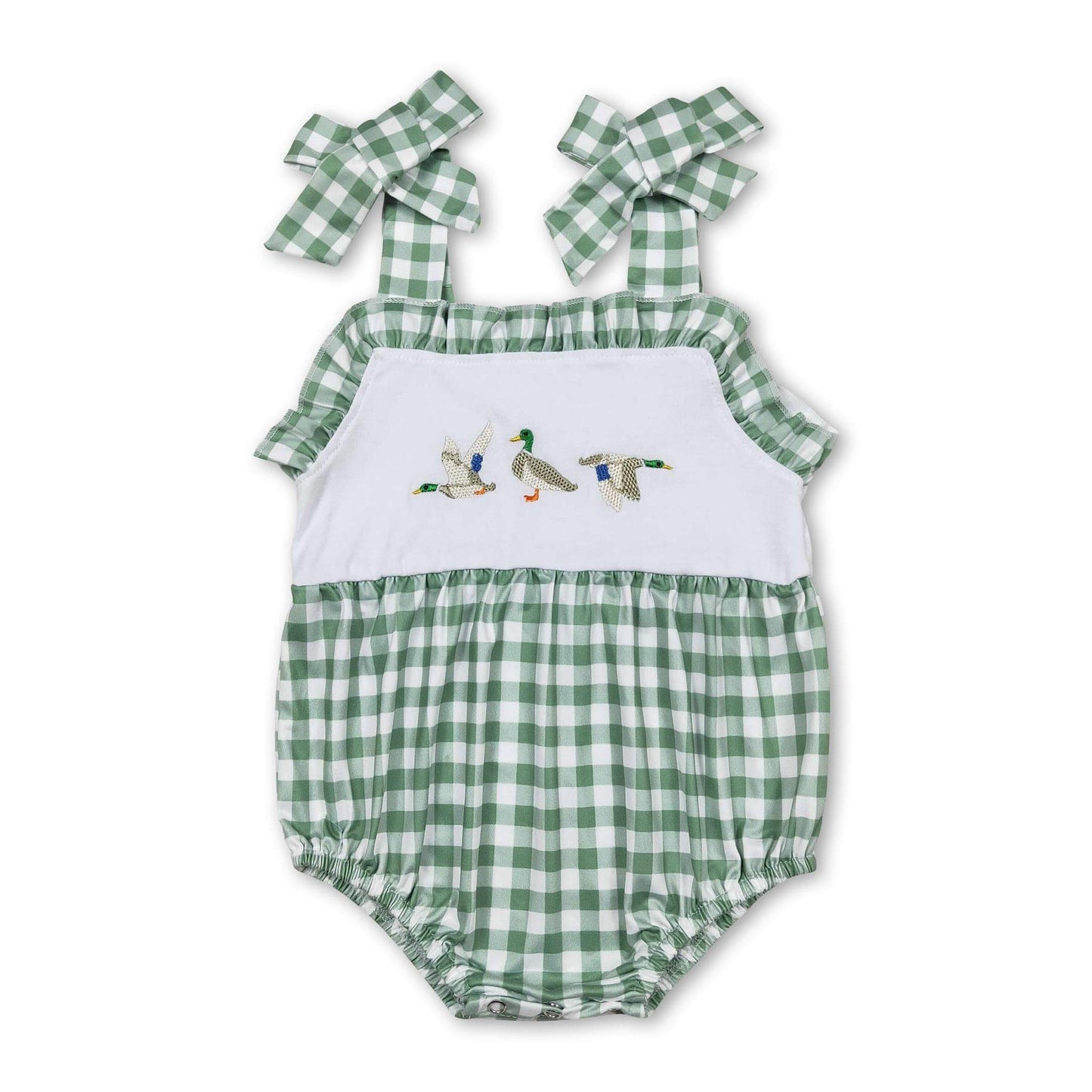 ᴡᴇᴇᴋʟʏ ᴘʀᴇ ᴏʀᴅᴇʀ Embroidered Checkered Duck Trio Ruffle Romper