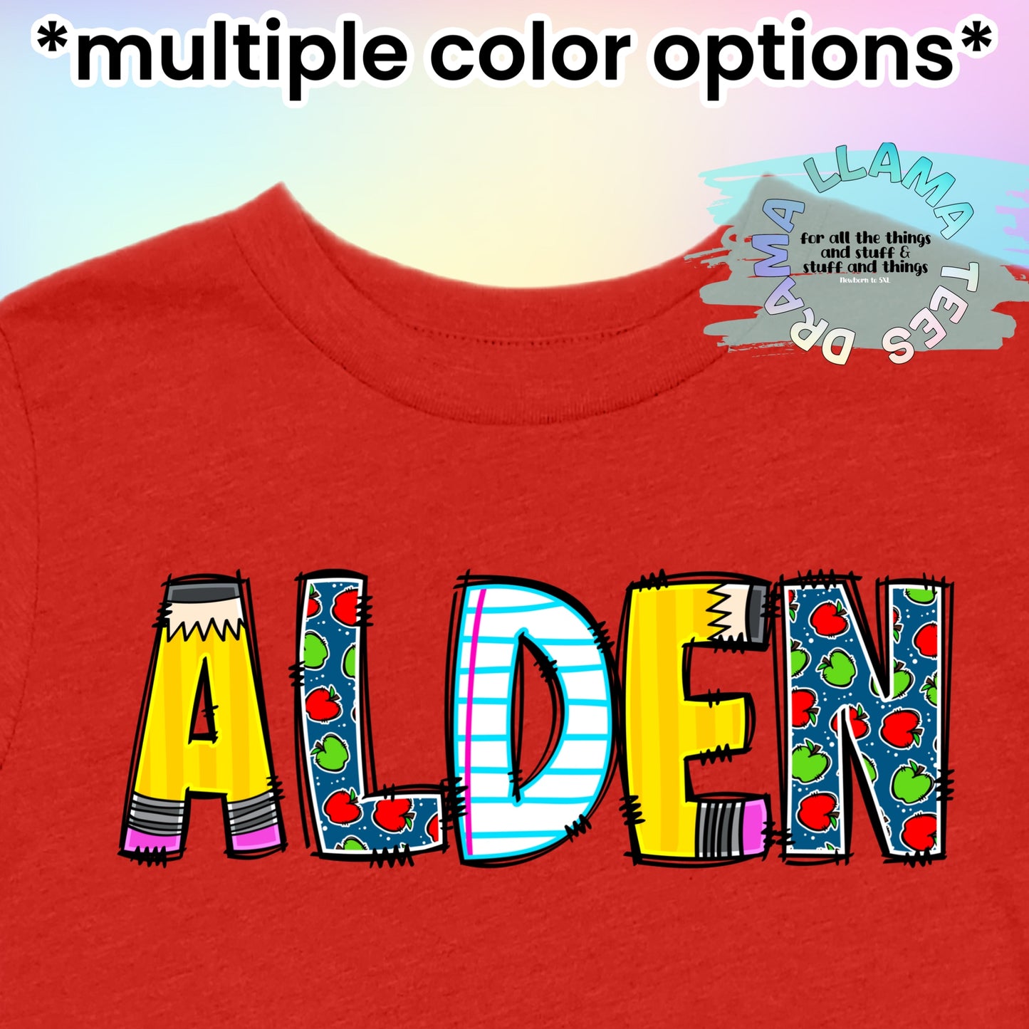 Back to School Mixed Letter Name Tees BLUE Apples/Pencil/Paper *multiple color options*