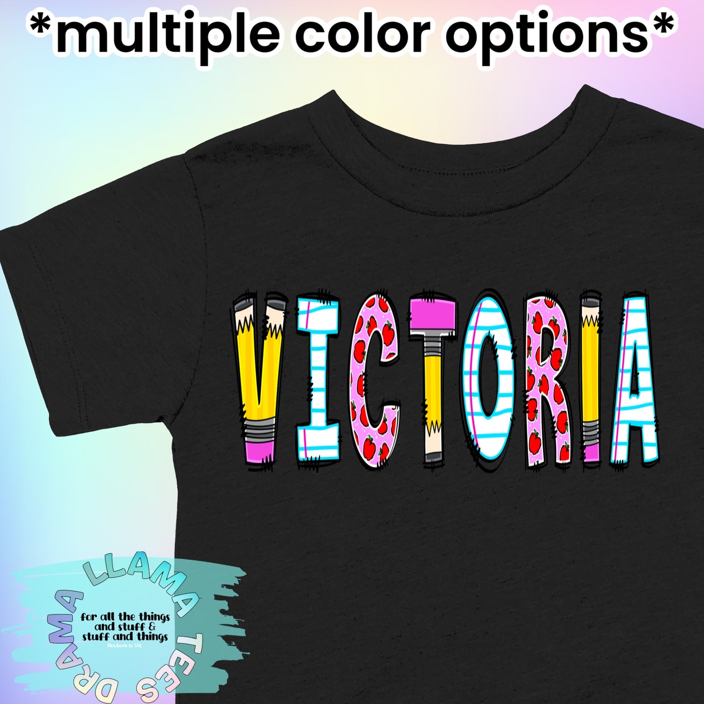 Back to School Mixed Letter Name Tees PINK Apples/Pencil/Paper *multiple color options*