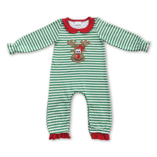 ᴡᴇᴇᴋʟʏ ᴘʀᴇ ᴏʀᴅᴇʀ Christmas Embroidered Reindeer Stripes Ruffle Romper