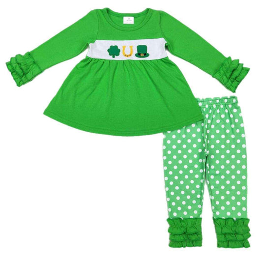 ᴡᴇᴇᴋʟʏ ᴘʀᴇ ᴏʀᴅᴇʀ St. Patrick's Day Embroidered Clover Ruffle Set