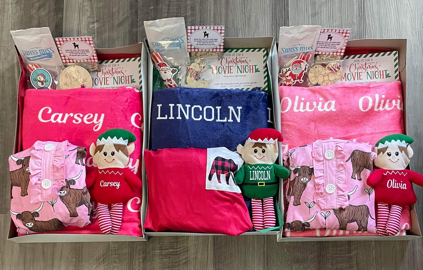 Deluxe Christmas Eve Box (30x40" Blanket/Personalized Gingerbread Plush/Pajamas/Reindeer Food/Cocoa/Popcorn/Sticker Sheet/Soft Peppermint Sticks)