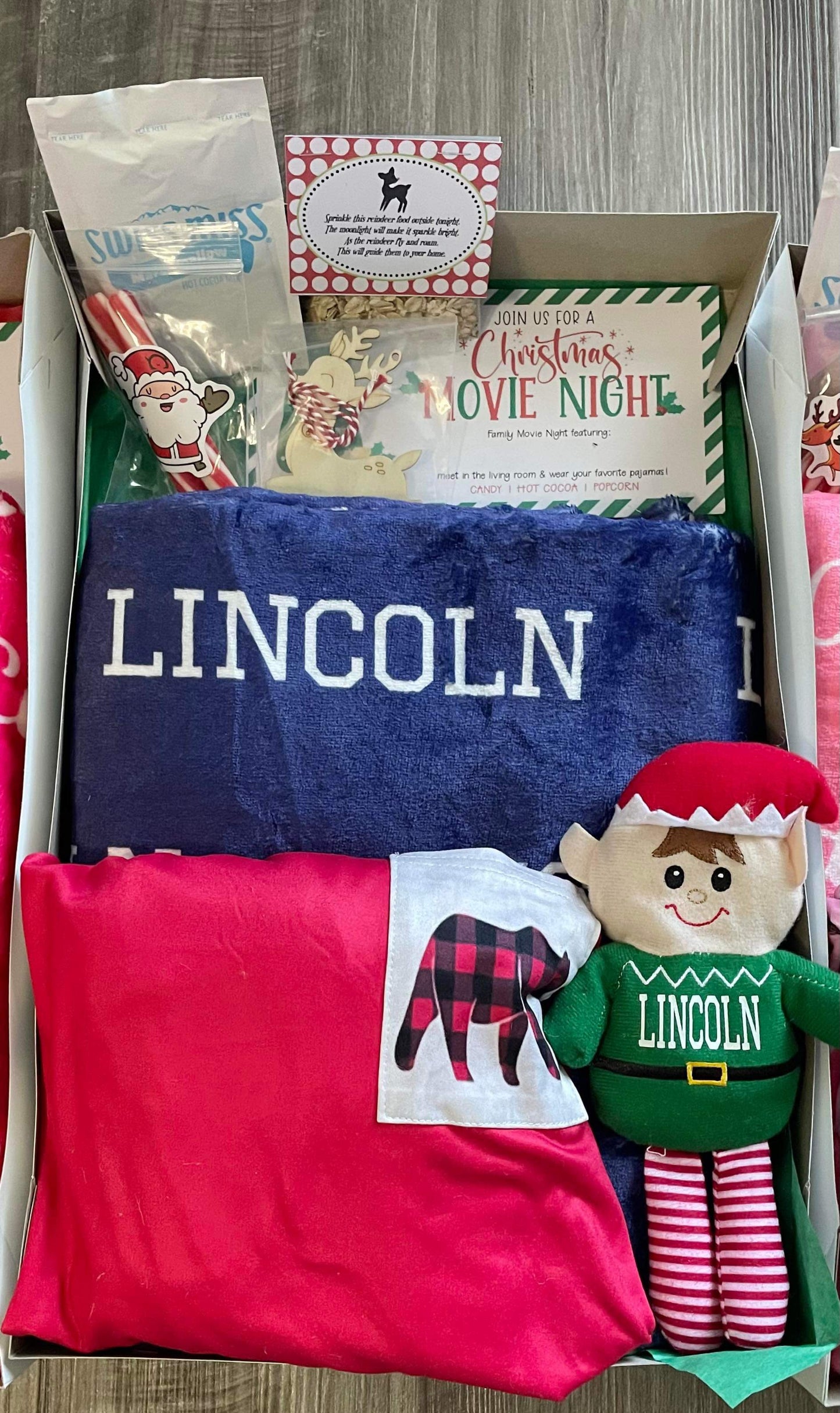 Deluxe Christmas Eve Box (30x40" Blanket/Personalized Gingerbread Plush/Pajamas/Reindeer Food/Cocoa/Popcorn/Sticker Sheet/Soft Peppermint Sticks)