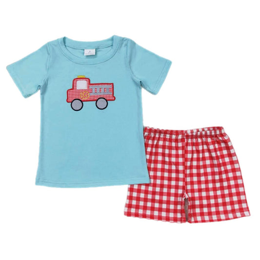 ᴡᴇᴇᴋʟʏ ᴘʀᴇ ᴏʀᴅᴇʀ Fourth of July Plaid Firetruck Shorts Set