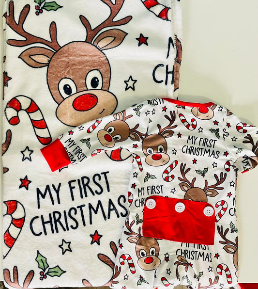 Only ONE 0-3 months bundle left! ʀᴇᴀᴅʏ ᴛᴏ ꜱʜɪᴘ! My First Christmas Zippie and 30x40" Blanket Bundle- TDB Exclusive